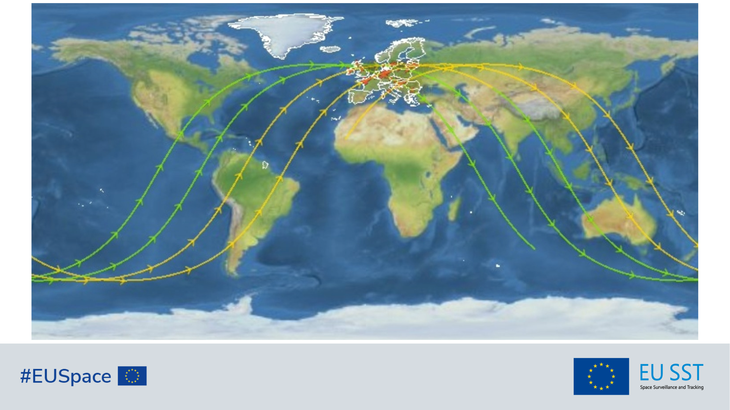 Map of the whole ground track. Yellow lines: ground track before the centre of the re-entry window. Green lines: ground track after the centre of the re-entry window. Red: overflights inside European countries and overseas territories.  Note: the possible re-entry locations lie anywhere along the yellow and green lines. The re-entry point is considered to be at an altitude of 80 km.